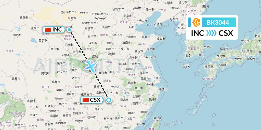 BK3044 Okay Airways Flight Map: Yinchuan to Changsha