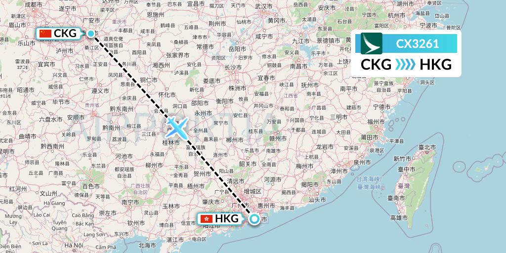 CX3261 Cathay Pacific Flight Map: Chongqing to Hong Kong