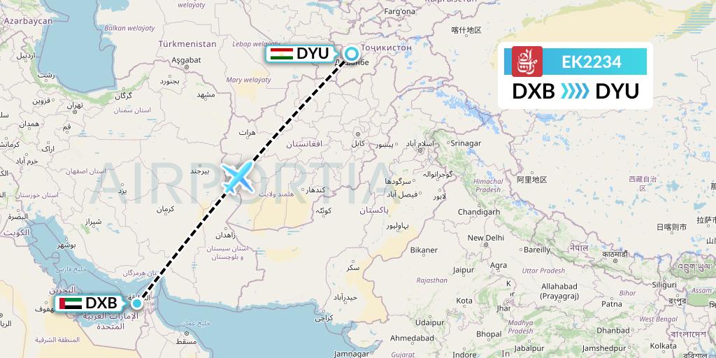 EK2234 Emirates Flight Map: Dubai to Dushanbe