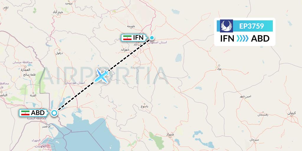 EP3759 Iran Aseman Airlines Flight Map: Isfahan to Abadan