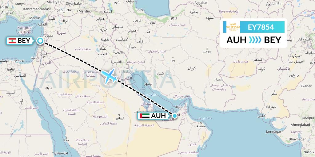 EY7854 Etihad Airways Flight Map: Abu Dhabi to Beirut