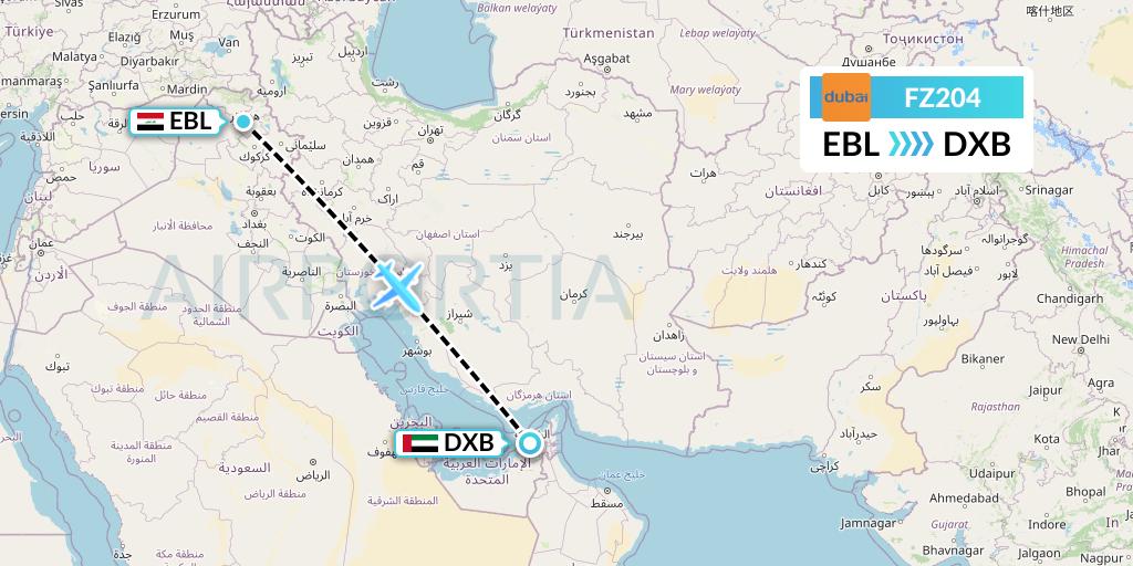 FZ204 FlyDubai Flight Map: Arbil to Dubai