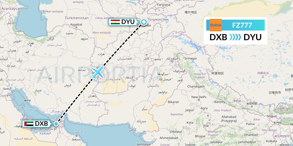 FZ777 FlyDubai Flight Map: Dubai to Dushanbe