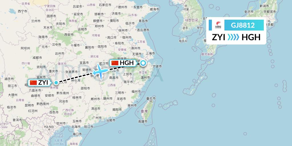 GJ8812 Loong Airlines Flight Map: Zunyi to Hangzhou