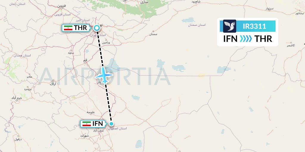 IR3311 Iran Air Flight Map: Isfahan to Tehran
