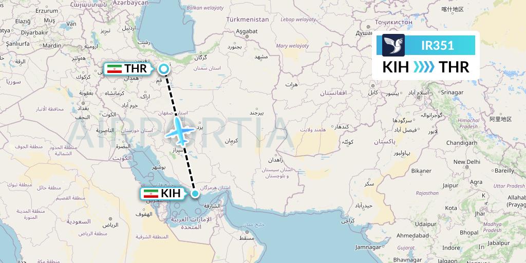 IR351 Iran Air Flight Map: Kish Island to Tehran