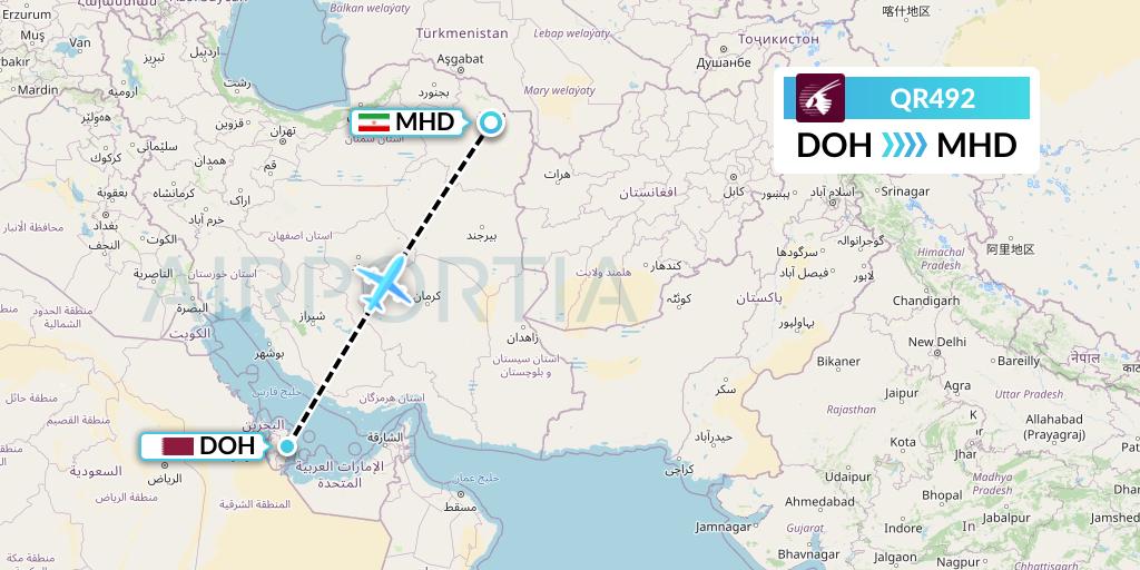 QR492 Qatar Airways Flight Map: Doha to Mashhad
