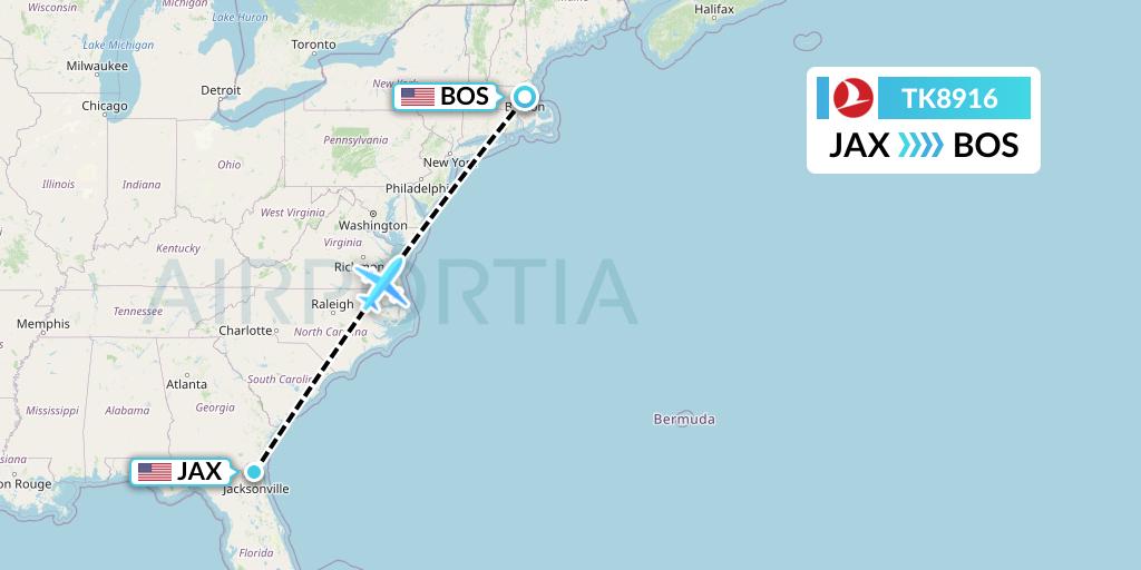 TK8916 Turkish Airlines Flight Map: Jacksonville to Boston
