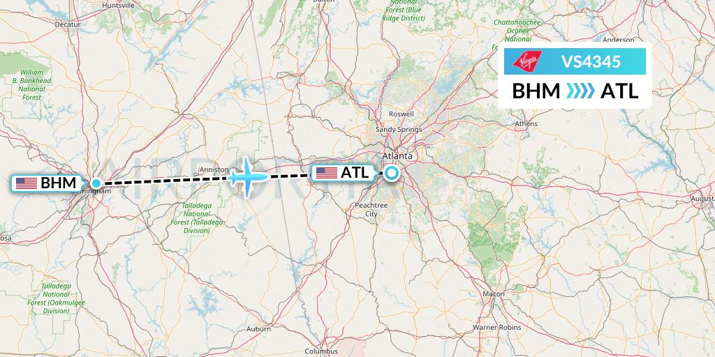 VS4345 Virgin Atlantic Airways Flight Map: Birmingham to Atlanta