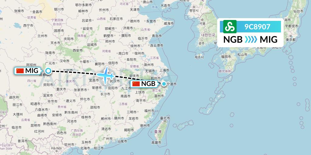 9C8907 Spring Airlines Flight Map: Ningbo to Mianyang