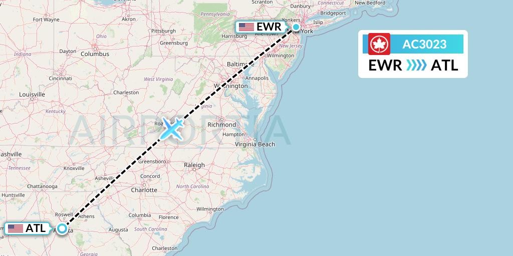 AC3023 Air Canada Flight Map: New York to Atlanta