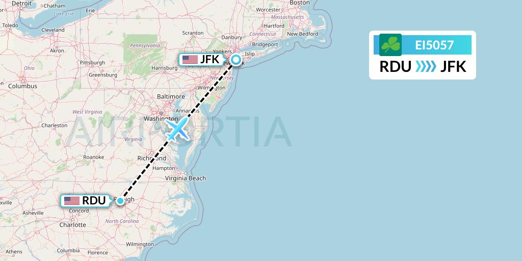 EI5057 Aer Lingus Flight Map: Raleigh-Durham to New York