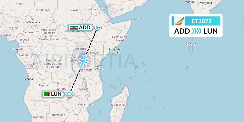 ET3873 Ethiopian Airlines Flight Map: Addis Ababa to Lusaka