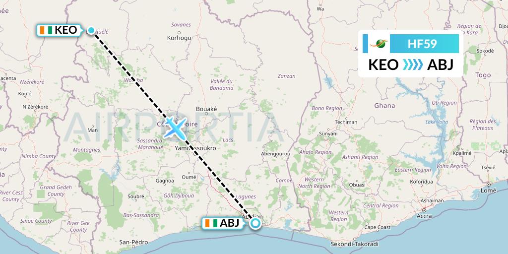 HF59 Air Cote d'Ivoire Flight Map: Odienne to Abidjan