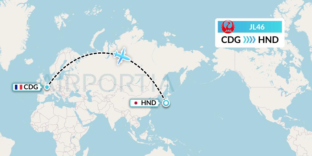 JL46 Japan Airlines Flight Map: Paris to Tokyo