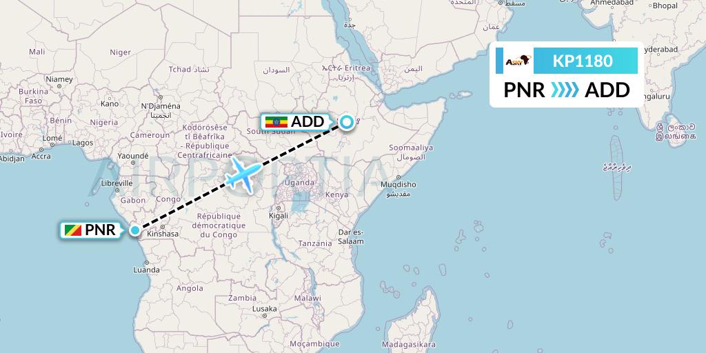 KP1180 ASKY Flight Map: Pointe Noire to Addis Ababa