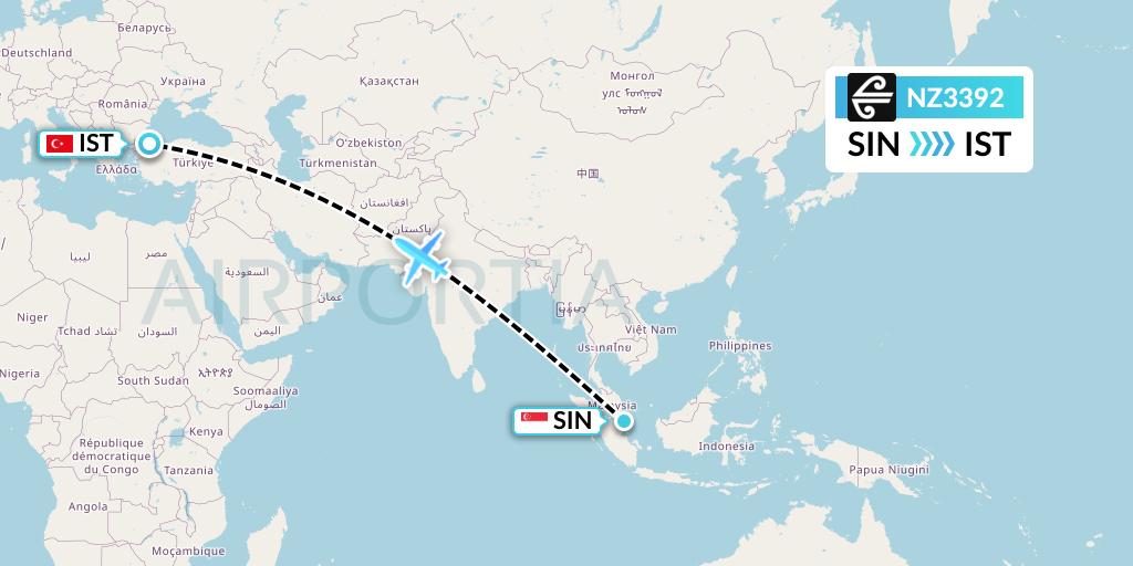 NZ3392 Air New Zealand Flight Map: Singapore to Istanbul