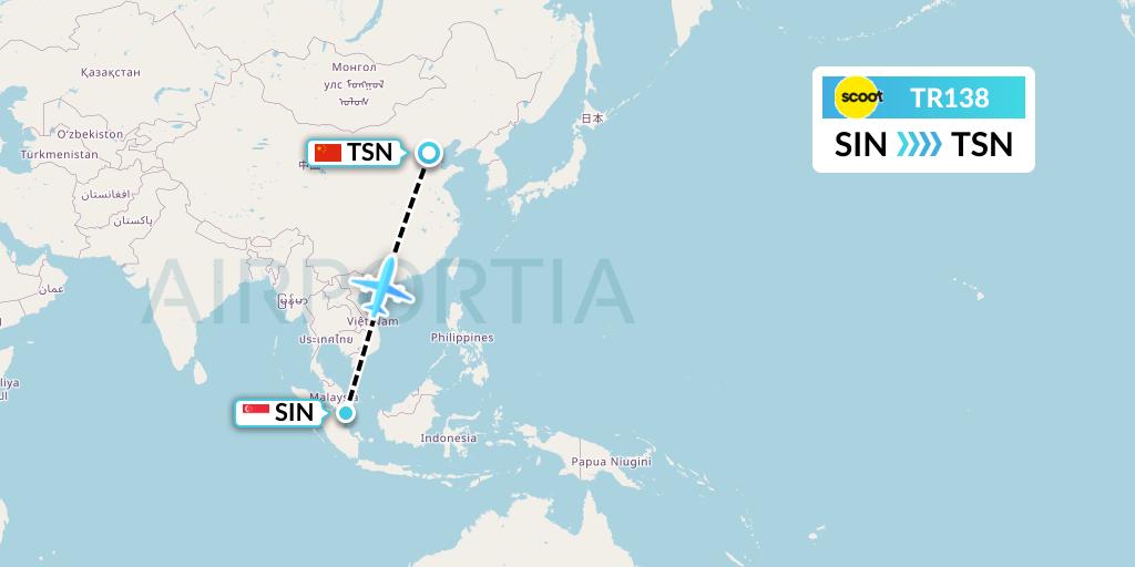TR138 Tigerair Flight Map: Singapore to Tianjin