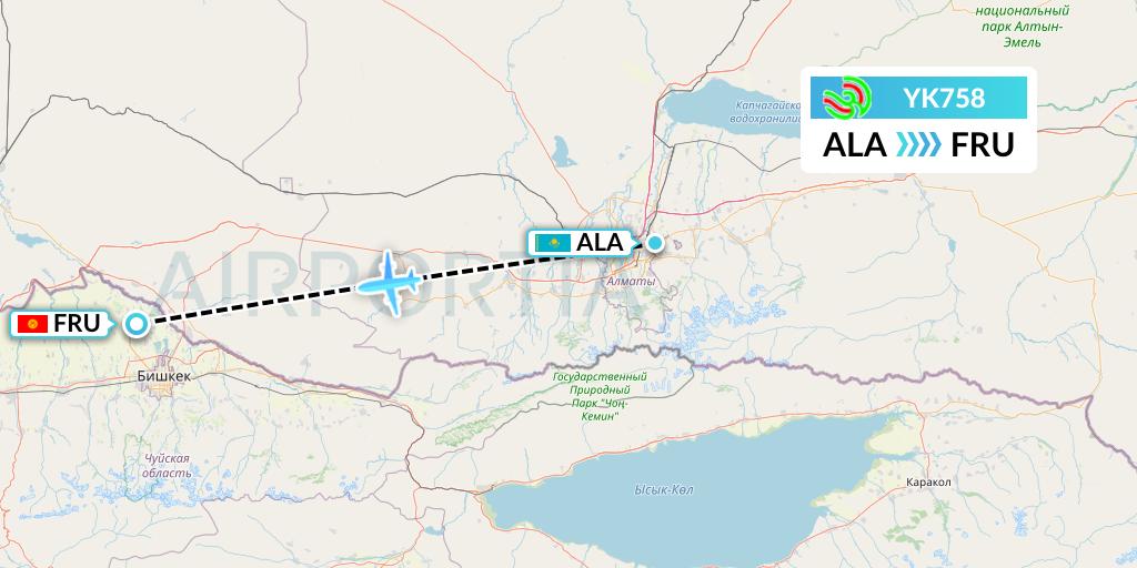 YK758 Avia Traffic Flight Map: Almaty to Bishkek