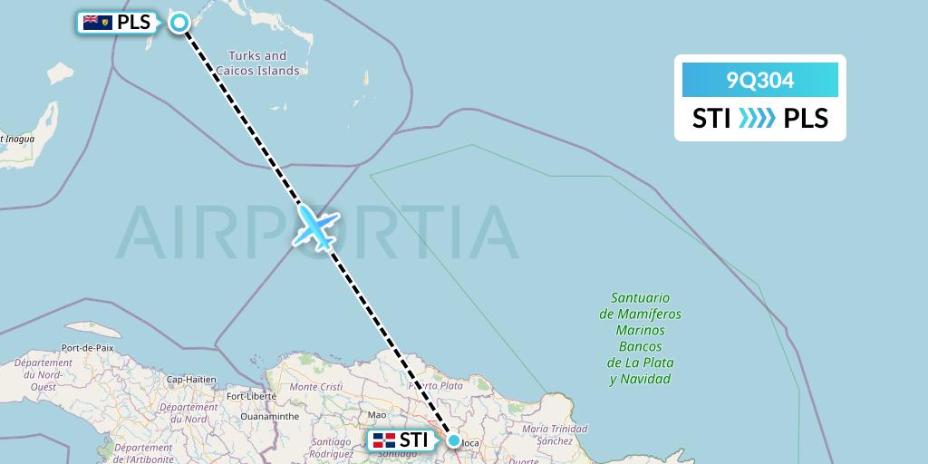 9Q304 Caicos Express Airways Flight Map: Santiago de los Caballeros to Providenciales