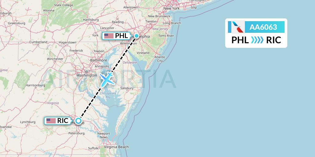 AA6063 American Airlines Flight Map: Philadelphia to Richmond