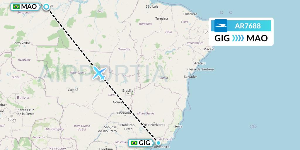 AR7688 Aerolineas Argentinas Flight Map: Rio de Janeiro to Manaus
