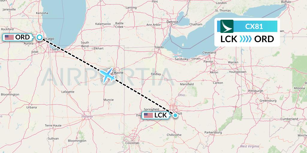 CX81 Cathay Pacific Flight Map: Columbus to Chicago