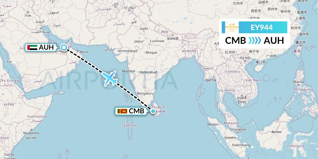EY944 Etihad Airways Flight Map: Colombo to Abu Dhabi
