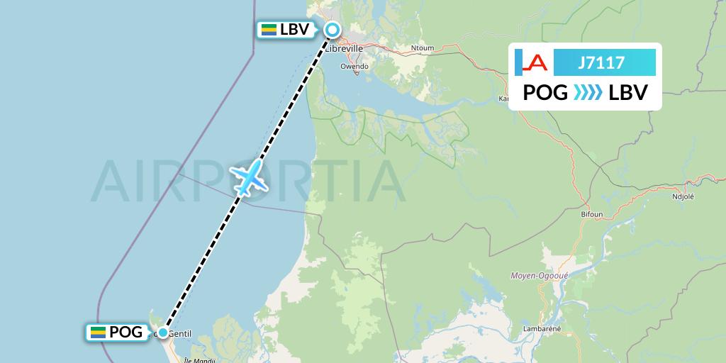 J7117 Afrijet Business Services Flight Map: Port Gentil to Libreville