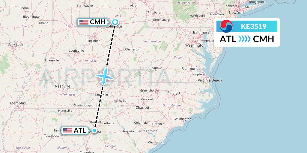 KE3519 Korean Air Flight Map: Atlanta to Columbus