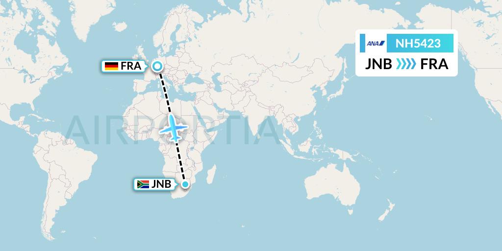 NH5423 All Nippon Airways Flight Map: Johannesburg to Frankfurt