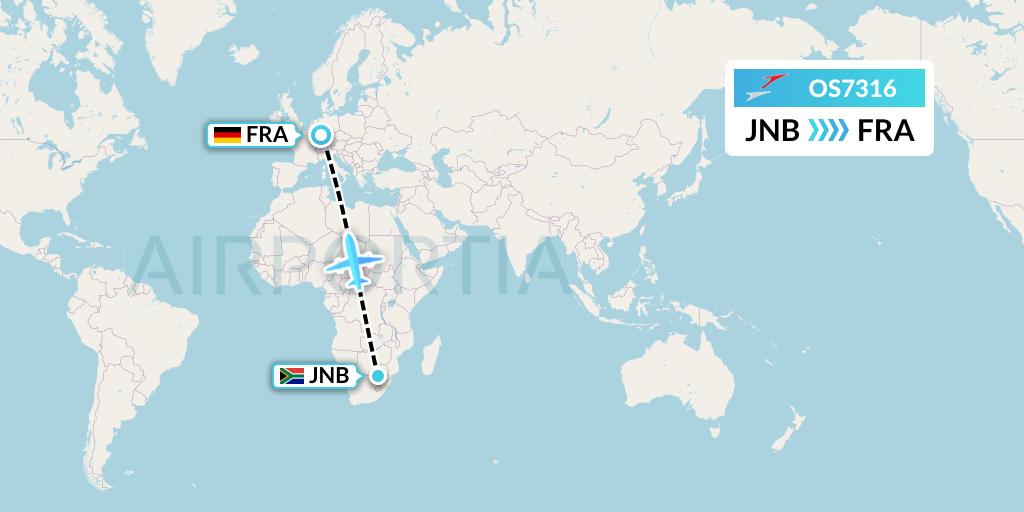 OS7316 Austrian Airlines Flight Map: Johannesburg to Frankfurt