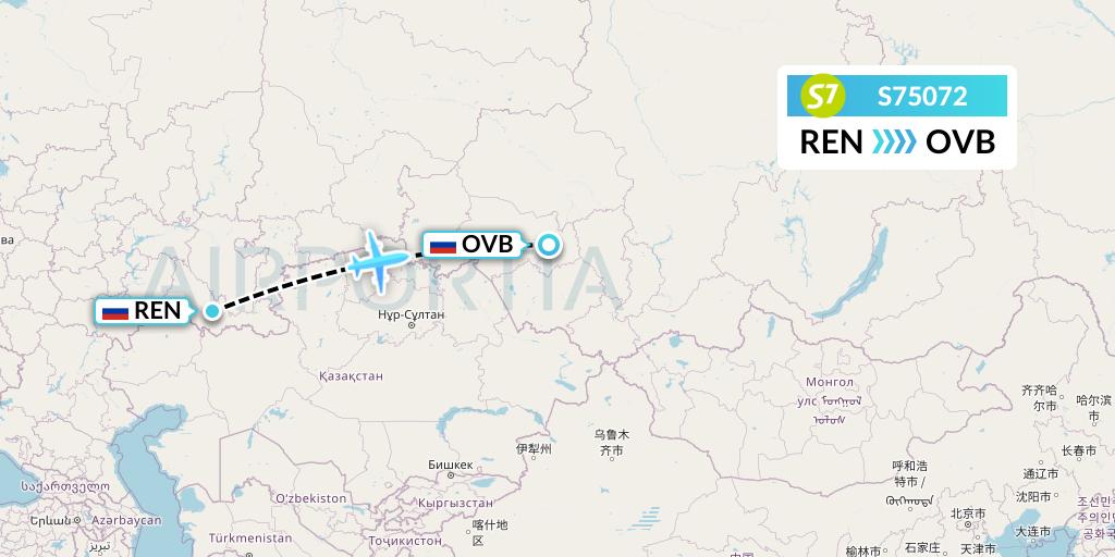 S75072 S7 Airlines Flight Map: Orenburg to Novosibirsk