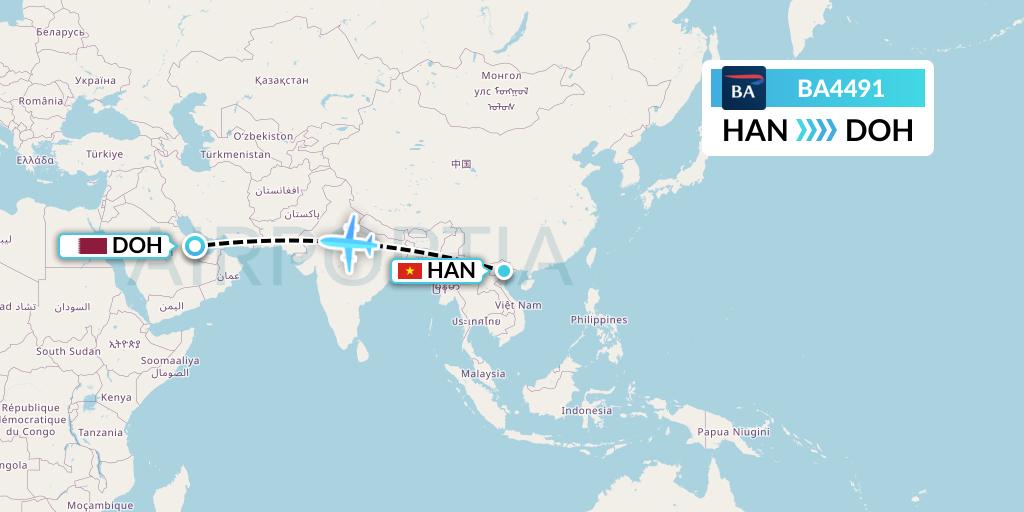 BA4491 British Airways Flight Map: Hanoi to Doha