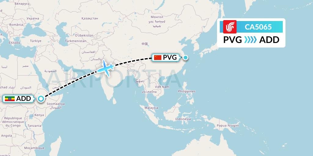 CA5065 Air China Flight Map: Shanghai to Addis Ababa