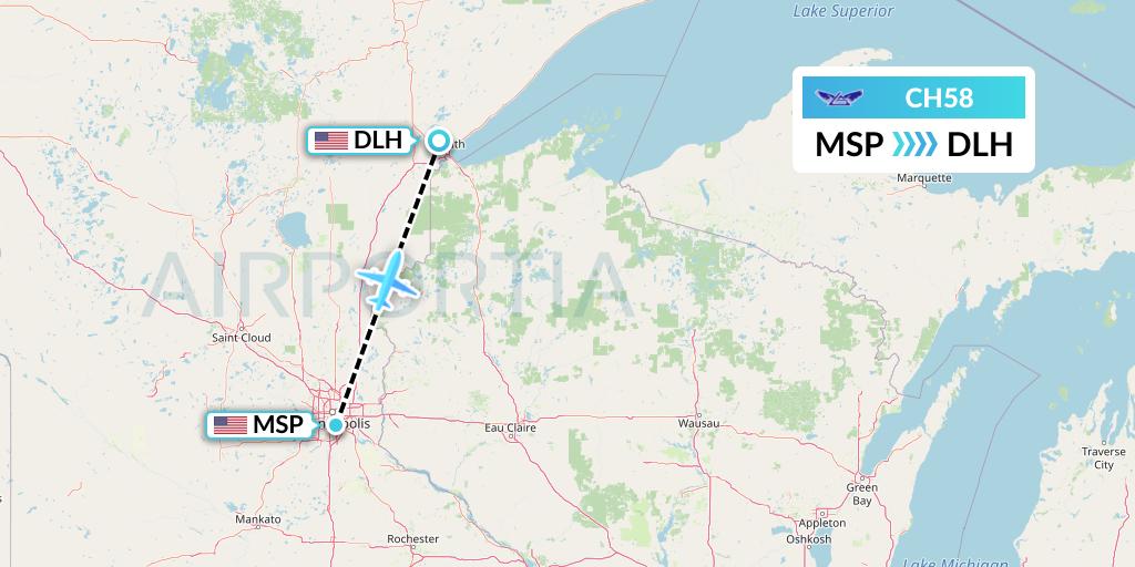 CH58 Bemidji Airlines Flight Map: Minneapolis to Duluth