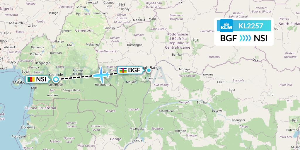 KL2257 KLM Flight Map: Bangui to Yaounde