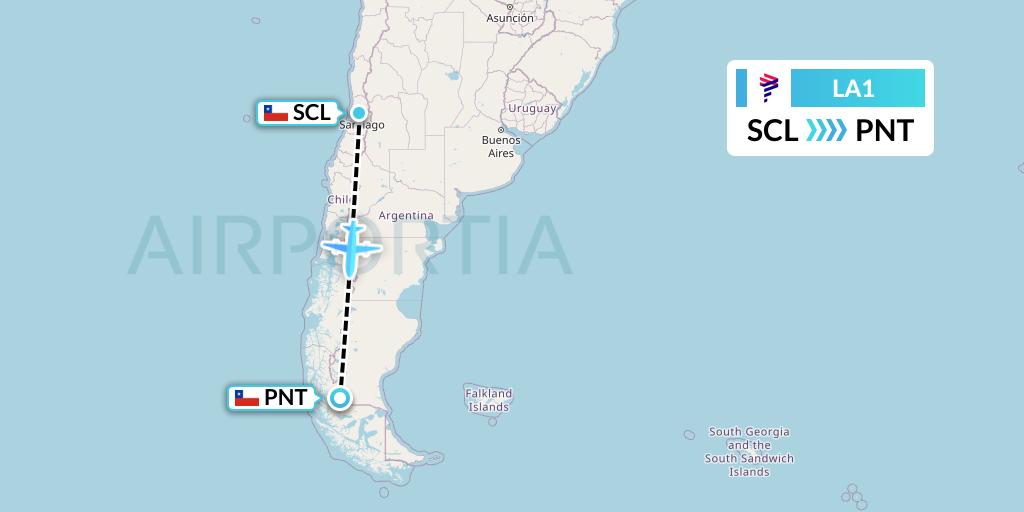 LA1 LAN Airlines Flight Map: Santiago to Puerto Natales