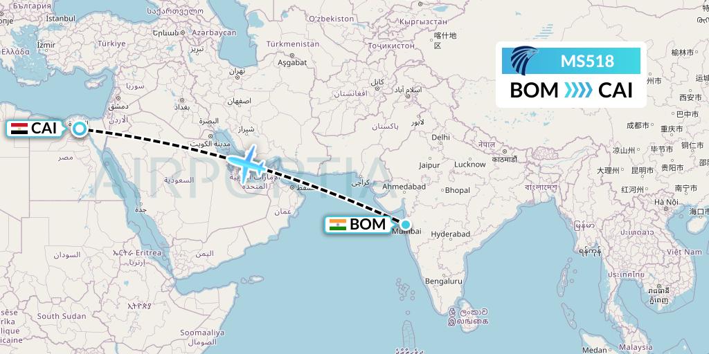 MS518 EgyptAir Flight Map: Mumbai to Cairo