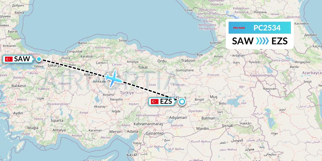PC2534 Pegasus Airlines Flight Map: Istanbul to Elazig