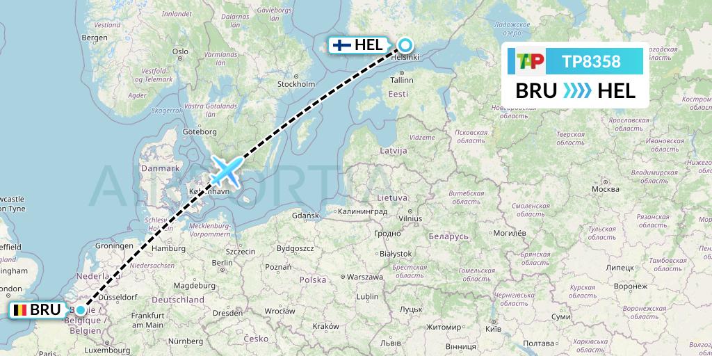 TP8358 TAP Portugal Flight Map: Brussels to Helsinki