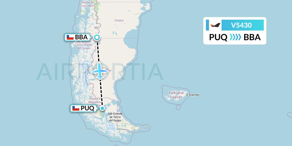 V5430 Aerovias DAP Flight Map: Punta Arenas to Balmaceda