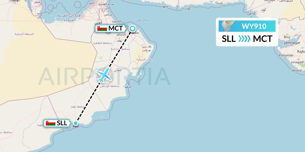WY910 Oman Air Flight Map: Salalah to Muscat