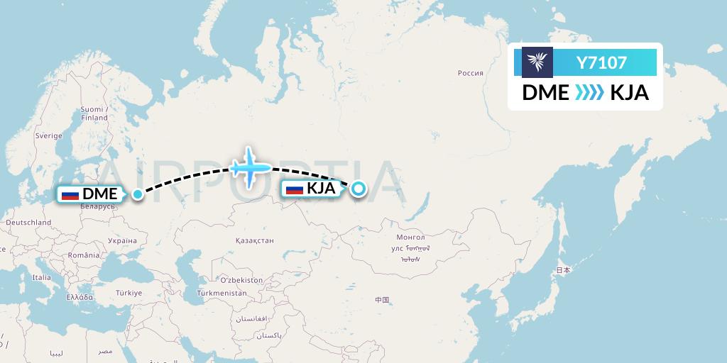 Y7107 NordStar Flight Map: Moscow to Krasnoyarsk