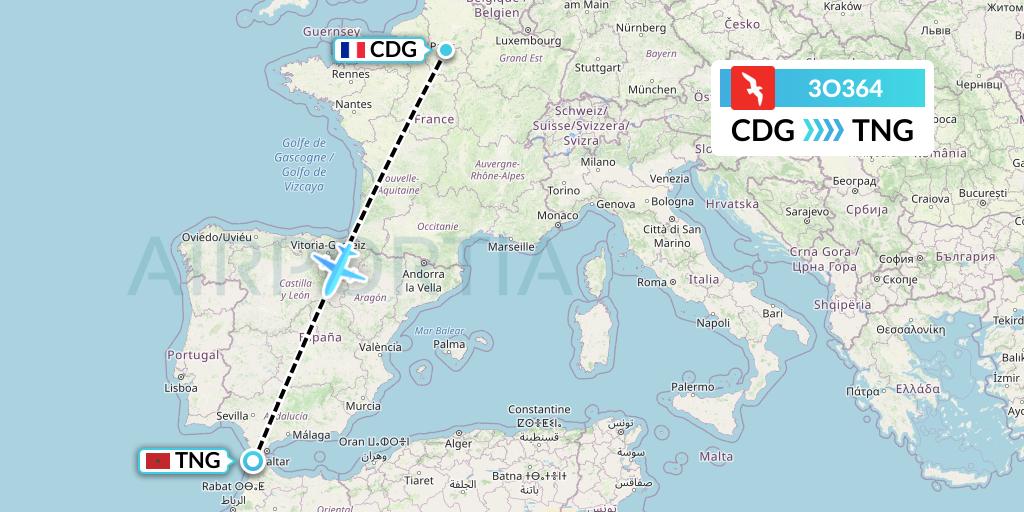 3O364 Air Arabia Maroc Flight Map: Paris to Tangier