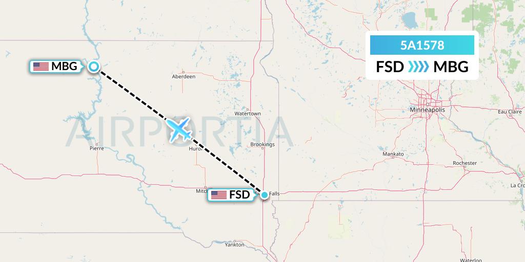 5A1578 Alpine Air Express Flight Map: Sioux Falls to Mobridge