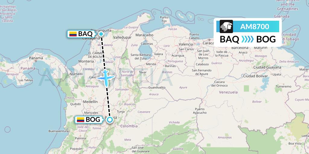 AM8700 Aeromexico Flight Map: Barranquilla to Bogota