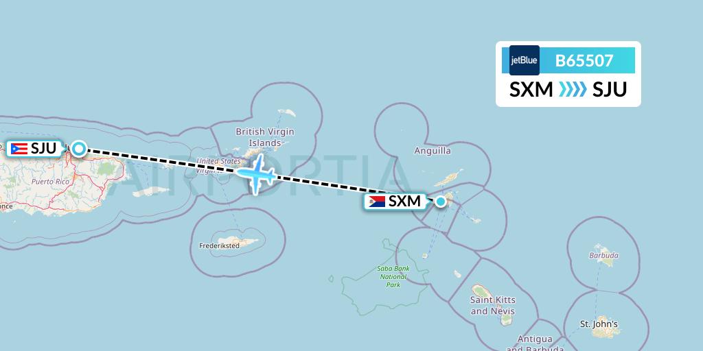 B65507 JetBlue Airways Flight Map: Sint Maarten to San Juan