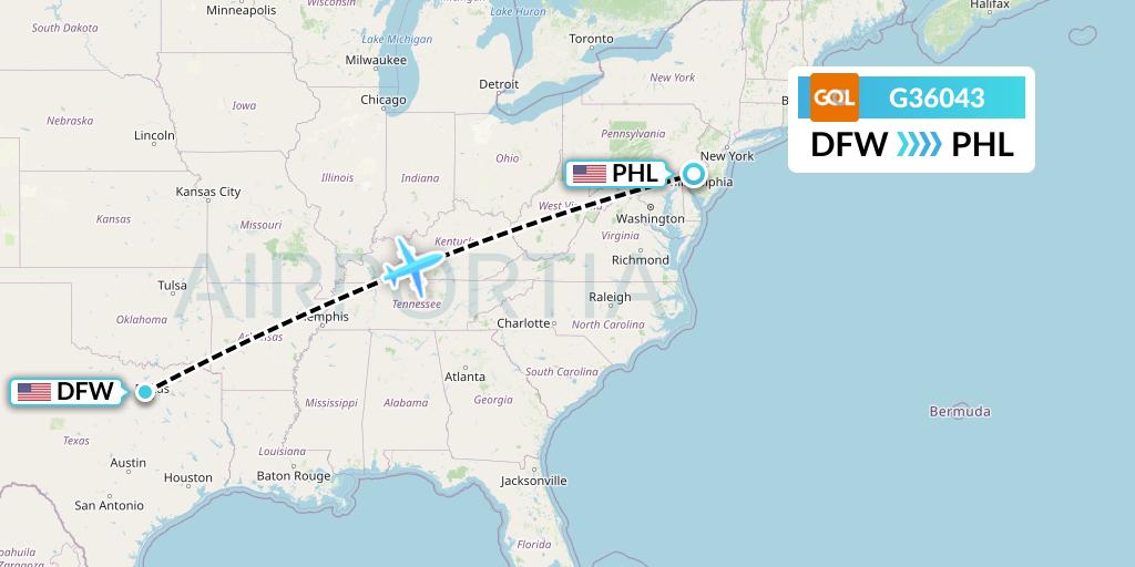 G36043 GOL Transportes Aeros Flight Map: Dallas to Philadelphia