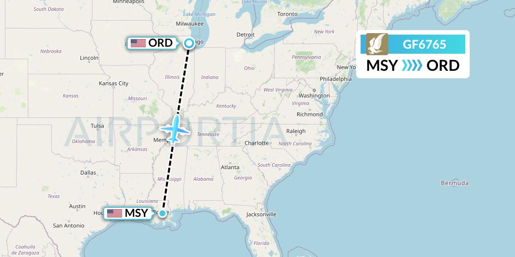 GF6765 Gulf Air Flight Map: New Orleans to Chicago